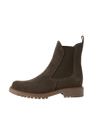 Botte Chelsea en daim marron avec panneau latéral élastique, languette à l'arrière et semelle en caoutchouc robuste pour la traction.