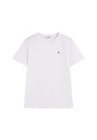 Camiseta blanca de algodón con cuello en V, mangas cortas y un pequeño logo de calavera negra en el lado izquierdo del pecho. Textura suave y corte estándar.