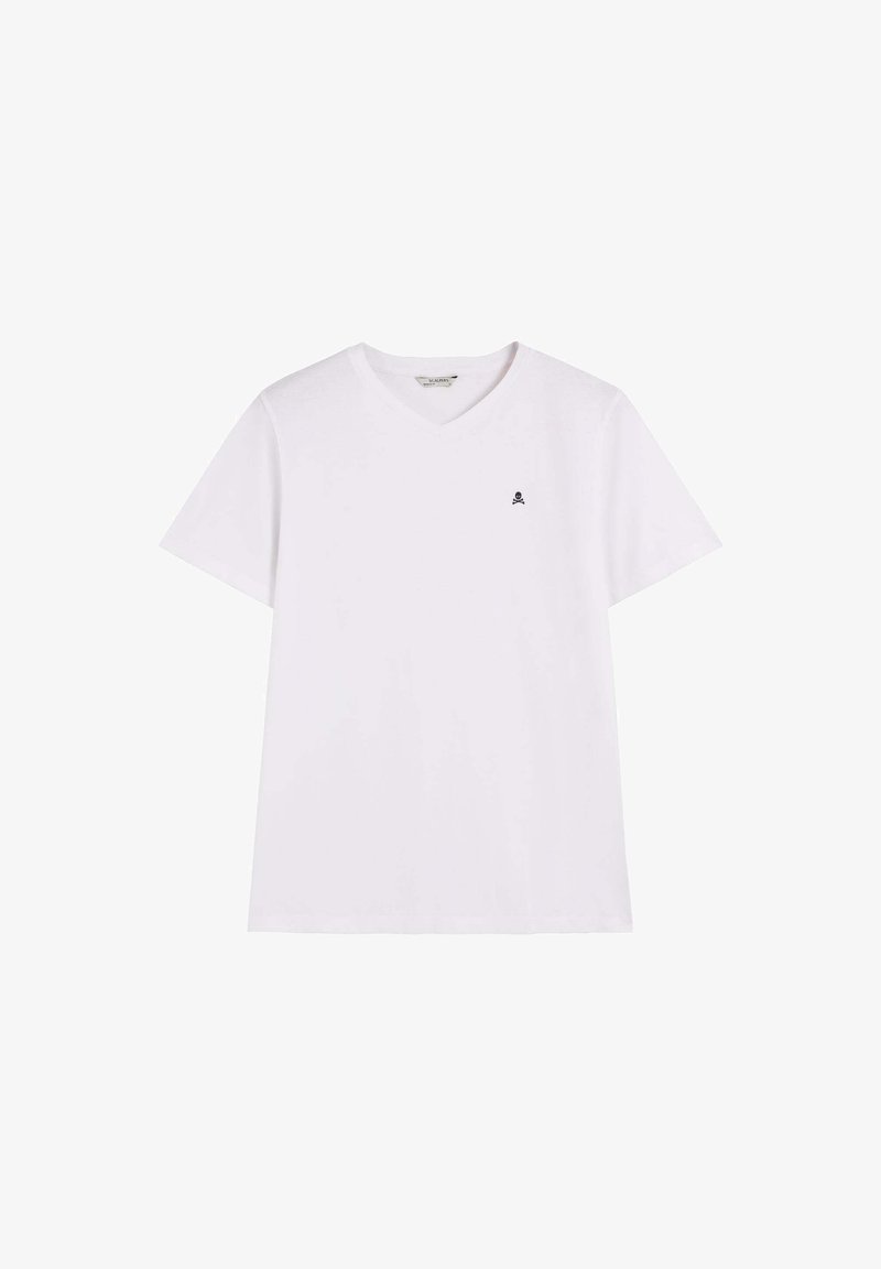 T-shirt bianca in cotone con scollo a V, maniche corte e un piccolo logo a forma di teschio nero sul petto sinistro. Tessuto morbido e vestibilità standard.