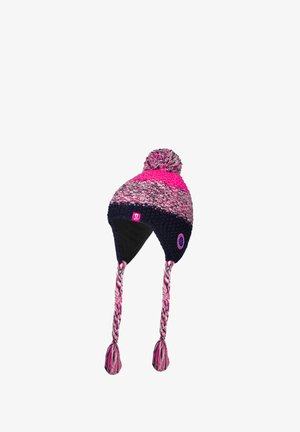 Knitted winter hat in pink, black, and gray. Features a pom-pom on top, braided ties, and a round logo patch on the side.
