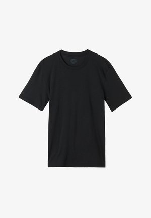 Černé tričko s krátkým rukávem vyrobené z bavlny, s kulatým výstřihem a volným střihem, bez vzorů nebo akcentů. Hladká textura.