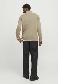 Maglione beige lavorato a maglia con colletto polo, aderente in vita, abbinato a pantaloni larghi scuri e scarpe nere. Design minimal, texture liscia.