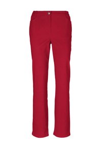 Rote, gerade geschnittene Hosen mit glatter Textur, ausgestattet mit zwei vorderen Taschen und einem Knopfverschluss vorne. Einfaches Design ohne Muster.