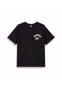 Czarny bawełniany t-shirt z krótkim rękawem, z graficznym logo w białym i szarym kolorze na lewej piersi. Luźny krój, klasyczny dekolt.