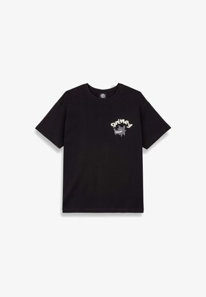 Zwarte katoenen T-shirt met korte mouwen, voorzien van een grafisch logo in wit en grijs op de linkerkant van de borst. Relaxte pasvorm, ronde hals.