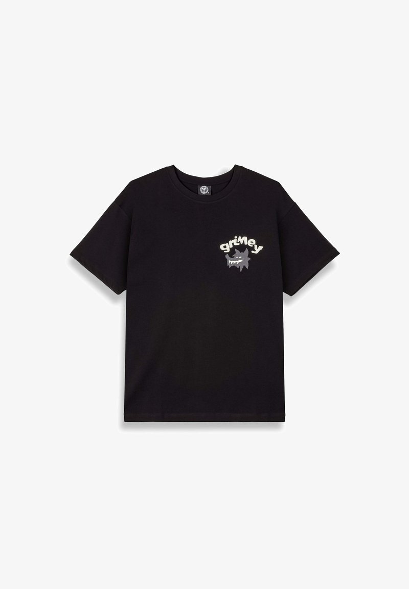 Czarny bawełniany t-shirt z krótkim rękawem, z graficznym logo w białym i szarym kolorze na lewej piersi. Luźny krój, klasyczny dekolt.