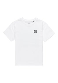 Witte katoenen T-shirt met een ronde hals, korte mouwen en een klein zwart logo-opdrachtje op de linkerkant van de borst.