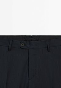 Striped formal trousers with waistband, front button closure, and belt loops. Fabric is dark navy with subtle pinstripes and smooth texture.