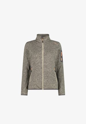 Fleece zip-up jack in grijs en zwart heather. Heeft een hoge kraag, twee ritszakken aan de zijkant en een ritszak op de mouw.