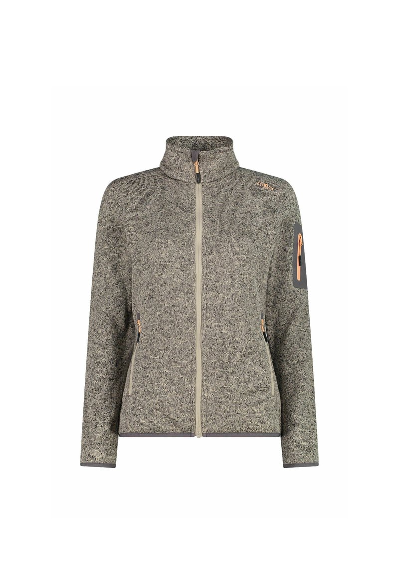 Fleece zip-up jack in grijs en zwart heather. Heeft een hoge kraag, twee ritszakken aan de zijkant en een ritszak op de mouw.