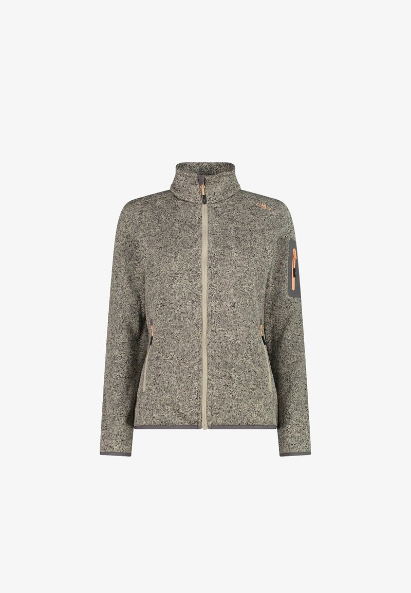 Fleece zip-up jack in grijs en zwart heather. Heeft een hoge kraag, twee ritszakken aan de zijkant en een ritszak op de mouw.