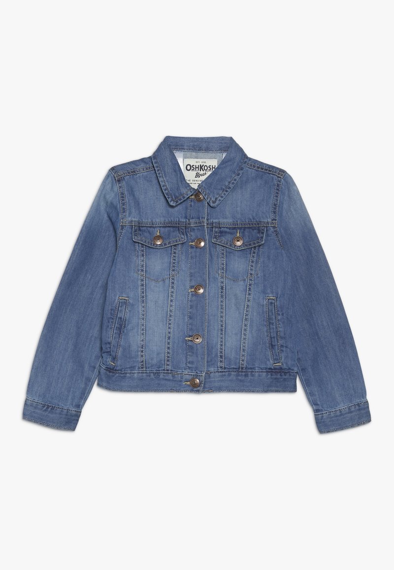 Světle modrá denimová bunda s límcem, předními kapsami a stříbrnými knoflíky. Má zkrácený střih a viditelné švy po celém povrchu.