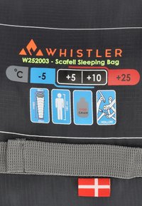 Scafell Schlafsack mit Temperaturbewertungen von -5°C bis +25°C. Dunkles Gewebe mit grauen Gurten, Abmessungen 220cm x 80cm, Gewicht 1100g, Hohlfaserfüllung.