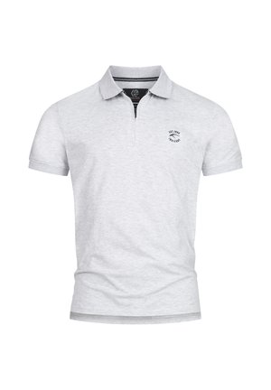 Polo shirt grigio a maniche corte in cotone, con colletto a coste, chiusura a tre bottoni e un piccolo logo sul lato sinistro del petto.