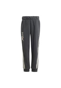 Pantaloni grigi in felpa con vita elasticizzata, polsini alle caviglie e tre strisce verticali bianche su ciascun lato. Presenta un design grafico del logo.