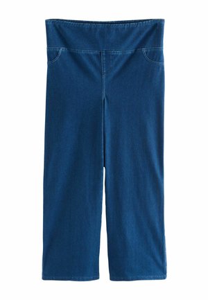 Blå denim bermuda shorts med elastisk talje, to forlommer og lige pasform, der når lige over knæene.