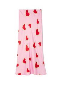 Ροζ φούστα με διάσπαρτες μεγάλες κόκκινες καρδιές με περίγραμμα από λευκή δαντέλα.