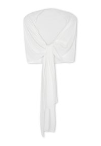 White wrap with a soft, flowing texture. Features a wide shape and a knotted tie detail at the center for secure draping.