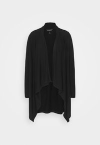 Cardigan aperto nero con drappeggio davanti, maniche lunghe e orlo asimmetrico appeso su uno sfondo grigio chiaro.