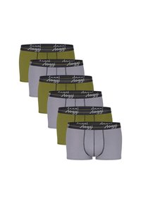 Six stacked men's boxer briefs alternating in olive green and gray with black elastic waistbands branded "sloggi."