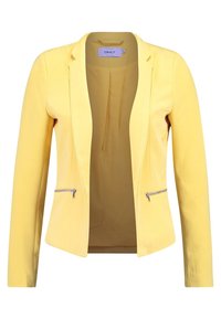 Blazer jaune à coupe ajustée, doté d'un col à revers cranté et de deux poches avant zippées. Texture lisse et forme structurée.