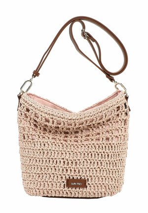 Beige crochet handbag with pink inner lining and adjustable brown leather shoulder strap, featuring a "SURI FREY" label.