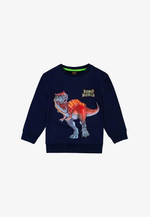 Felpa blu navy in cotone con polsini e colletto a costine. Presenta una grafica di un dinosauro rosso e grigio con il testo "DINO WORLD."