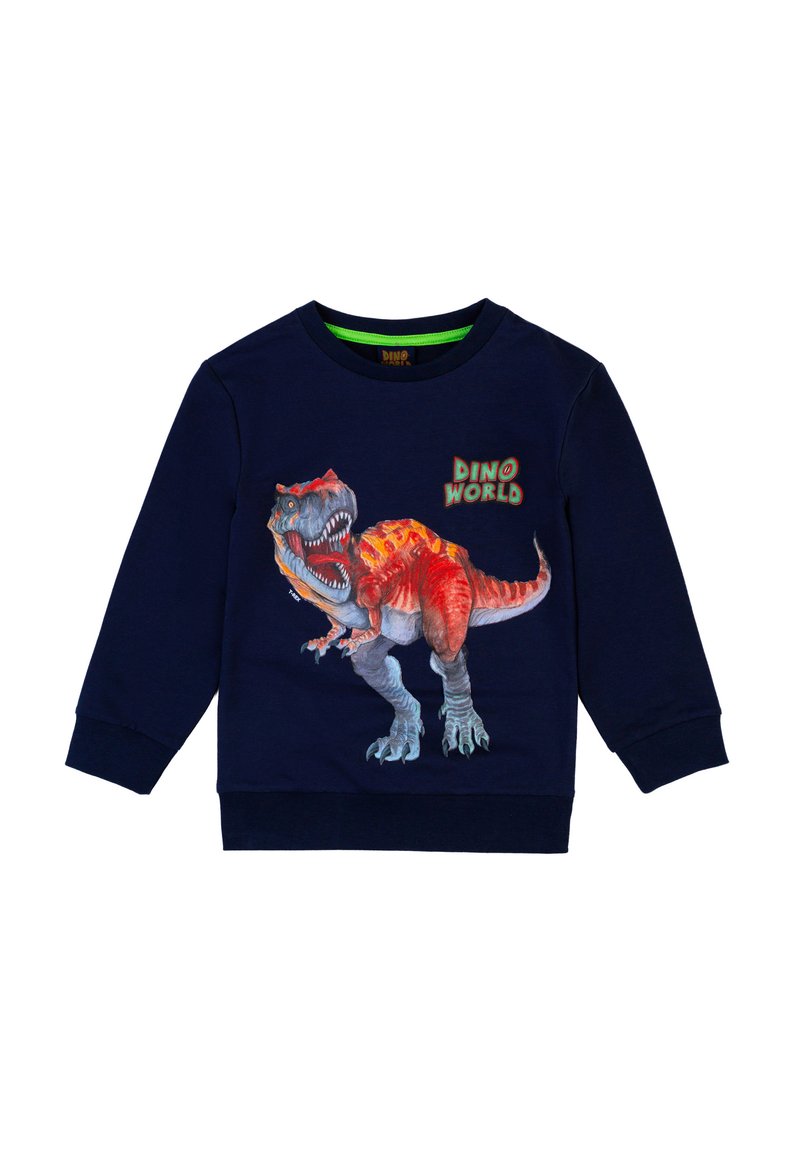 Felpa blu navy in cotone con polsini e colletto a costine. Presenta una grafica di un dinosauro rosso e grigio con il testo "DINO WORLD."