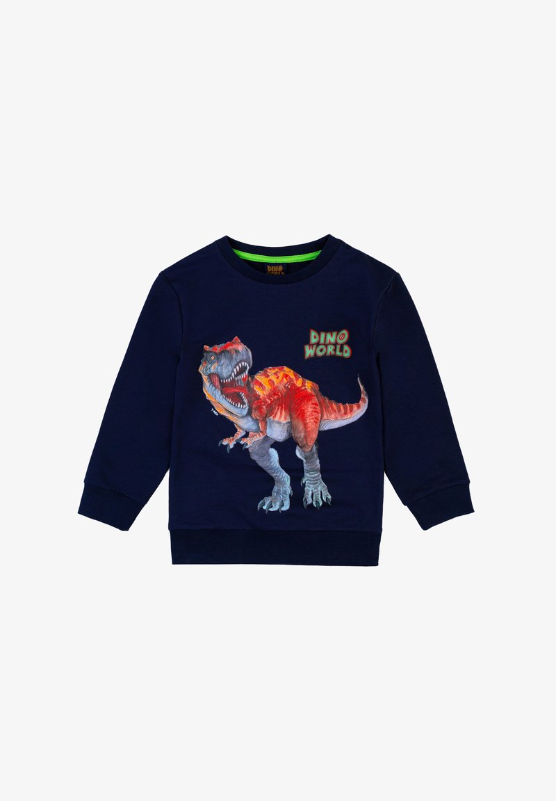 Felpa blu navy in cotone con polsini e colletto a costine. Presenta una grafica di un dinosauro rosso e grigio con il testo "DINO WORLD."