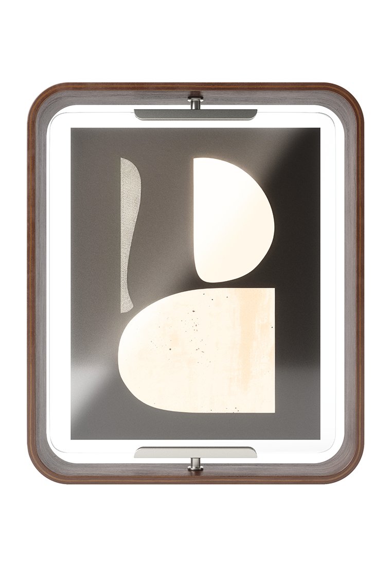 Abstrakcyjna sztuka ścienna z ciemnym tłem, prezentująca trzy nieregularne beżowe kształty w drewnianej ramie z oświetleniem wewnętrznym.