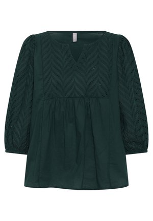 Blusa verde scuro con scollo a V, corpino strutturato e maniche lunghe a sbuffo. Presenta un motivo testurizzato e una vita arricciata per una vestibilità ampia.