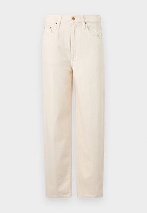 Jeans beige a vita alta realizzati in cotone. Presentano cinque tasche, una chiusura con bottone e zip, gambe dritta e una discreta dettaglio di cucitura.