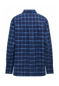 Marineblå rutete skjorte med lyseblå rutemønster, lange ermer, knapp mansjetter og en slank, strukturert krage på baksiden.