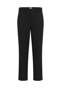 Pantalons noirs ajustés avec une coupe droite, deux boutons à l'avant et une texture de tissu lisse. Style minimaliste avec des lignes épurées.