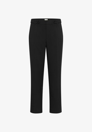 Schwarze maßgeschneiderte Hosen mit gerader Beinform, zwei vorderen Knöpfen und einer glatten Stoffstruktur. Minimalistischer Stil mit klaren Linien.