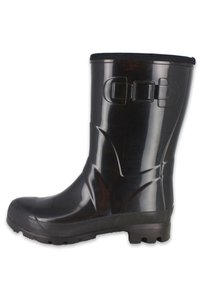 Zwarte rubberen regenlaars met een matte afwerking, ronde neus, gestructureerde zool en twee rechthoekige accenten aan de zijkant. Duurzaam en waterdicht ontwerp.