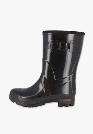 Botte de pluie noire en caoutchouc avec une finition mate, bout arrondi, semelle texturée et deux accents rectangulaires sur le côté. Conception durable et imperméable.