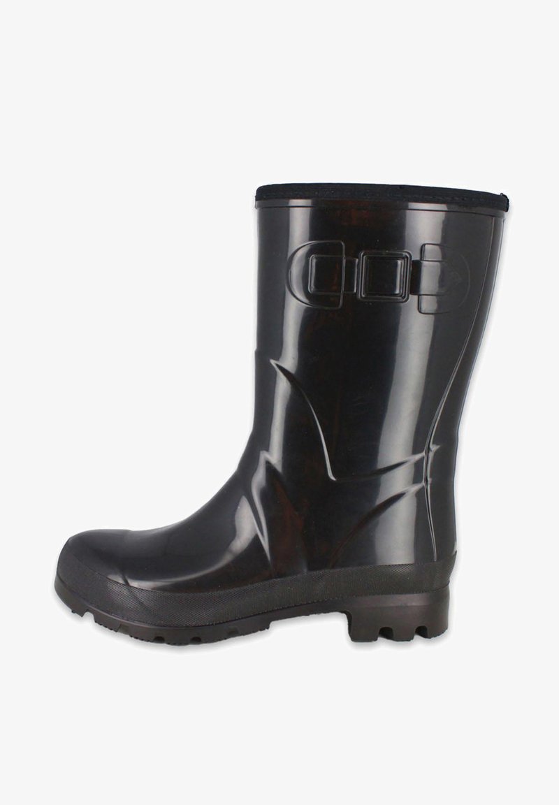 Botte de pluie noire en caoutchouc avec une finition mate, bout arrondi, semelle texturée et deux accents rectangulaires sur le côté. Conception durable et imperméable.