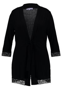 Cardigan nero in morbido tessuto, con design davanti annodato, maniche 3/4 con pizzo e un dettaglio in pizzo all'orlo.