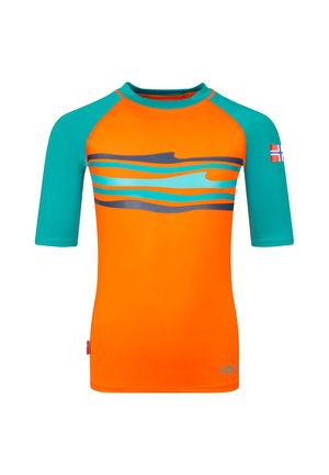 Short-sleeve orange and teal swim shirt with wave pattern across the chest and a small Norwegian flag on the left sleeve.