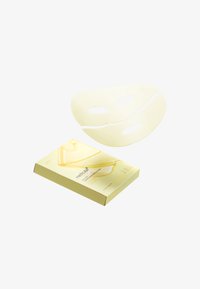 Masque facial en hydrogel de couleur jaune clair avec découpes pour les yeux et la bouche, accompagné d'un emballage assorti jaune avec des éléments de design.