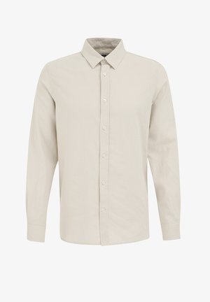 Svetlo bež srajca z dolgimi rokavi iz bombaža, z gumbom spredaj, klasičnim ovratnikom in enostavno teksturo. Brez vzorcev ali dodatkov.