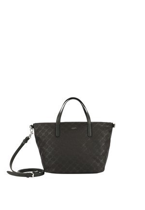 Sac fourre-tout noir avec un motif texturé, doubles poignées et une bandoulière amovible, fabriqué en matériau durable avec des accents en métal argenté.
