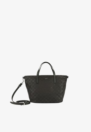 Sort totebag med et struktureret mønster, dobbelte håndtag og en aftagelig skulderrem, lavet af holdbart materiale med sølvfarvede metaldele.