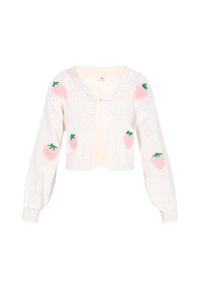 Witte gebreide cardigans met een cropped lengte, met roze aardbei-applicaties en groene bladeren op de mouwen. V-hals ontwerp.