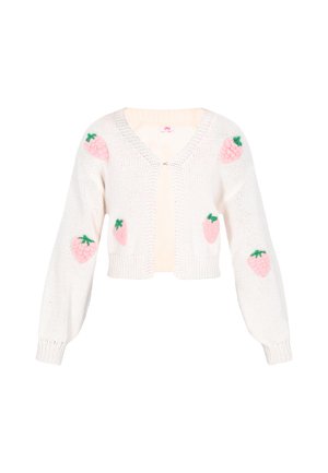 Weiße, gestrickte Strickjacke mit verkürzter Länge, verziert mit pinken Erdbeer-Applikationen und grünen Blättern auf den Ärmeln. V-Ausschnitt-Design.