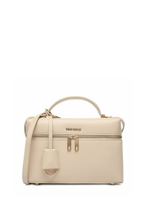 Bolso de mano rectangular de cuero beige con asa superior, correa para el hombro, bolsillo delantero con cremallera, dobles tiradores de cremallera y logo dorado "Gino Rossi".
