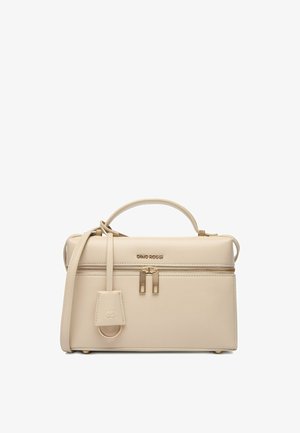 Bolso de mano rectangular de cuero beige con asa superior, correa para el hombro, bolsillo delantero con cremallera, dobles tiradores de cremallera y logo dorado "Gino Rossi".