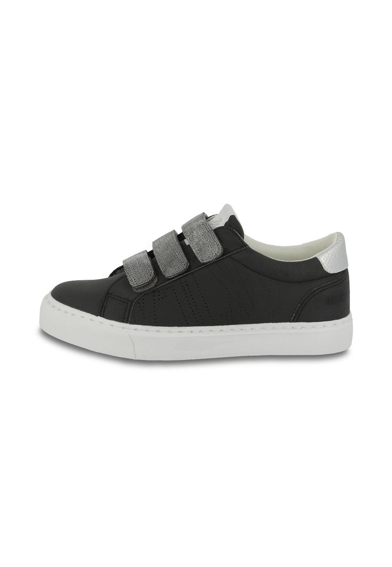 Black sneaker with three gray Velcro straps, white sole, and textured upper. Features a smooth heel accent and subtle stitched detailing.