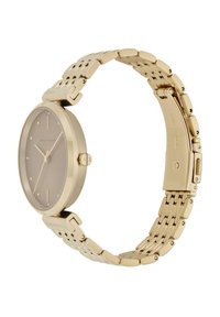 Orologio da polso in acciaio inossidabile dorato con cassa tonda, quadrante grigio minimalista e bracciale a maglie con finitura liscia e accenti sottili.